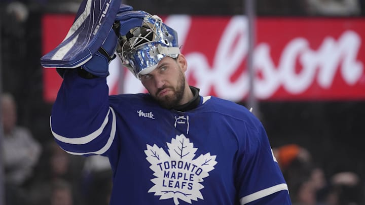 Mar 2, 2026; Toronto, Ontario, CAN; Toronto Maple Leafs goaltender Anthony Stolarz (41) adjusts his helmet during a break in the action against the Philadelphia Flyers at Scotiabank Arena. Mandatory Credit: John E. Sokolowski-Imagn Images