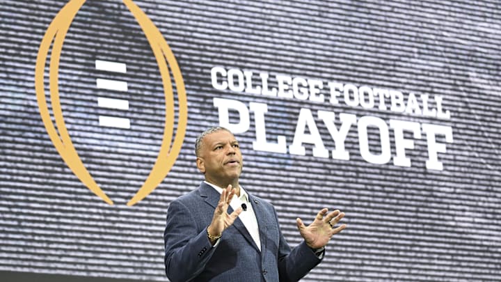 Jul 10, 2024; Las Vegas, NV, USA; CFP executive director Rick Clark speaks to the media during the Big 12 Media Days at Allegiant Stadium. Mandatory Credit: Candice Ward-Imagn Images
