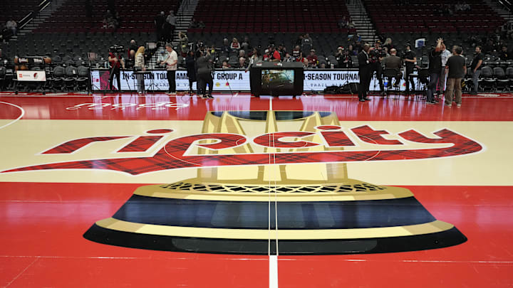 Nov 3, 2023; Portland, Oregon, USA; The Portland Trail Blazers logo at center court before the game against the Memphis Grizzlies at Moda Center. Mandatory Credit: Soobum Im-Imagn Images
