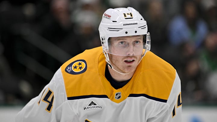 Dec 12, 2024; Dallas, Texas, USA; Nashville Predators center Gustav Nyquist (14) in action during the game between the Dallas Stars and the Nashville Predators at American Airlines Center. Mandatory Credit: Jerome Miron-Imagn Images