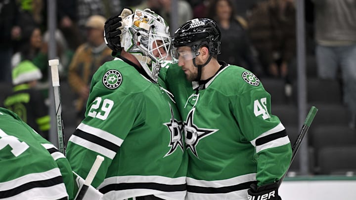 Jan 2, 2025; Dallas, Texas, USA; Dallas Stars defenseman Ilya Lyubushkin (46) hugs goaltender Jake Oettinger (29) after the Stars defeat the Ottawa Senators at the American Airlines Center. Mandatory Credit: Jerome Miron-Imagn Images