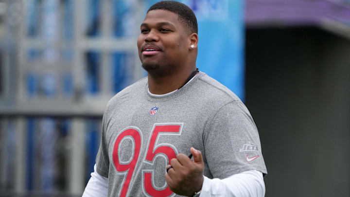 Feb 1, 2025; Orlando, FL, USA; New York Jets lineman Quinnen Williams (95) during AFC Practice for the Pro Bowl Games at Camping World Stadium. Mandatory Credit: Kirby Lee-Imagn Images