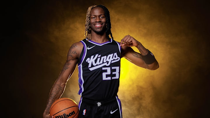 Sep 30, 2024; Sacramento, CA, USA; Sacramento Kings guard Keon Ellis (23) during media day at Golden 1 Center. Mandatory Credit: Sergio Estrada-Imagn Images