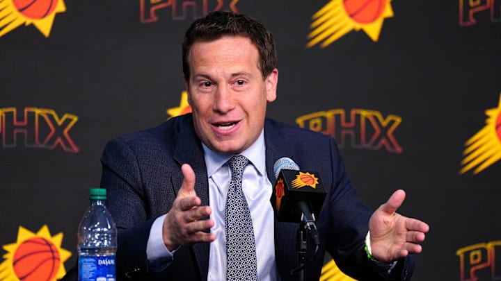 Suns owner Mat Ishbia speaks with the press during a news conference at Footprint Center in Phoenix on May 1, 2024.