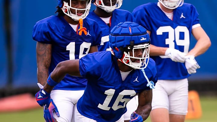 Florida safety R.J. Moten runs a drill during the first practice of the season at Sanders Practice Fields in Gainesville, FL on Monday, July 31, 2023. [Doug Engle/Gainesville Sun]