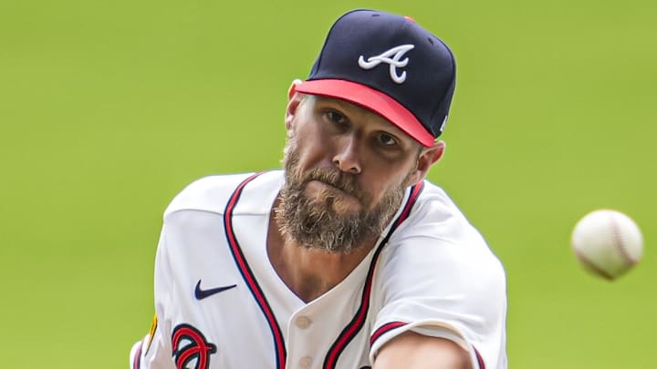 Apr 1, 2026; Cumberland, Georgia, USA; Atlanta Braves pitcher Chris Sale (51) pitches against the Athletics during the first inning at Truist Park. Mandatory Credit: Dale Zanine-Imagn Images