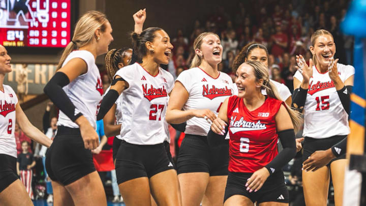 Members of the Huskers celebrate after winning a set point against Iowa State during an exhibition match in Sioux Falls, South Dakota. Nebraska will play its final spring game this Saturday in Chadron against Northern Colorado. 