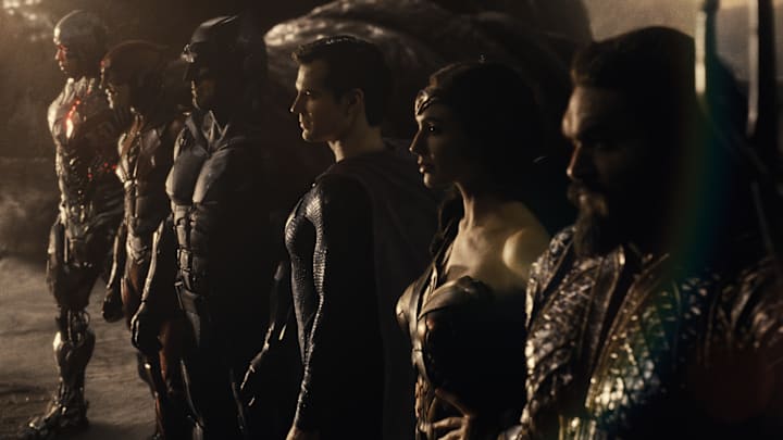 Ray Fisher (Cyborg / Victor Stone), Ezra Miller (The Flash / Barry Allen), Ben Affleck (Batman / Bruce Wayne), Henry Cavill (Superman / Clark Kent), Gal Gadot (Diana Prince / Wonder Woman), Jason Momoa (Aquaman / Arthur Curry) in Zack Snyder's Justice League. Photograph by Courtesy of HBO Max