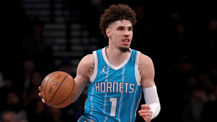 Feb 10, 2025; Brooklyn, New York, USA; Charlotte Hornets guard LaMelo Ball (1) brings the ball up court against the Brooklyn Nets during the first quarter at Barclays Center. Mandatory Credit: Brad Penner-Imagn Images