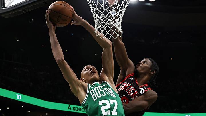 Oct 26, 2026; Boston, Massachusetts, USA; Boston Celtics guard Jordan Walsh (27) goes to the basket against Chicago Bulls forward Caleb Wilson (8) during the second half at TD Garden. Mandatory Credit: Winslow Townson-Imagn Images Oct 26, 2026; Boston, Massachusetts, USA; Boston Celtics guard Jordan Walsh (27) goes to the basket against Chicago Bulls forward Caleb Wilson (8) during the second half at TD Garden. Mandatory Credit: Winslow Townson-Imagn Images