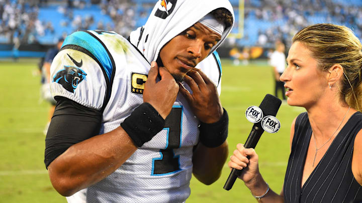 Sep 9, 2018; Charlotte, NC, USA; Carolina Panthers quarterback Cam Newton (1) is interviewed by Fox Sports reporter Erin Andrews after the game at Bank of America Stadium. 