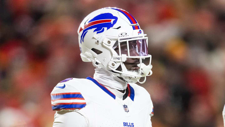 Jan 26, 2025; Kansas City, MO, USA; Buffalo Bills cornerback Kaiir Elam (5) against the Kansas City Chiefs during the AFC Championship game at GEHA Field at Arrowhead Stadium. Mandatory Credit: Mark J. Rebilas-Imagn Images