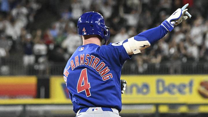May 16, 2026; Chicago, Illinois, USA;  Chicago Cubs center fielder Pete Crow-Armstrong (4) points after he hits a two-run home run against the Chicago White Sox during the ninth inning at Rate Field. Mandatory Credit: Matt Marton-Imagn Images