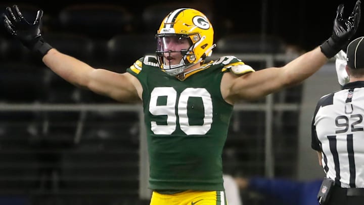 Green Bay Packers linebacker Lukas Van Ness (90) reacts against the Dallas Cowboys during the fourth quarter of their wild card playoff game Sunday, January 14, 2024 at AT&T Stadium in Arlington, Texas. Green Bay defeated Dallas 48-32.