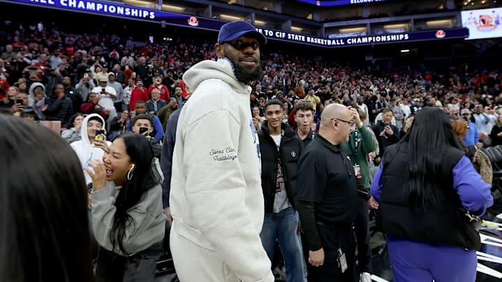 LeBron James arrives to the Golden 1 Center in Sacramento to watch son Bryce James and Sierra Canyon play in the CIF State Division 1 final.