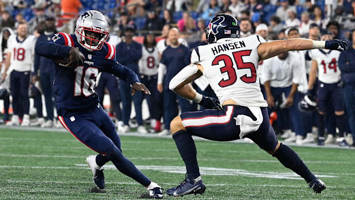 Aug 10, 2023; Foxborough, Massachusetts, USA; New England Patriots quarterback Malik Cunningham (16) runs the ball as Houston Texans linebacker Jake Hansen (35) closes in during the second half at Gillette Stadium. Mandatory Credit: Eric Canha-USA TODAY Sports Aug 10, 2023; Foxborough, Massachusetts, USA; New England Patriots quarterback Malik Cunningham (16) runs the ball as Houston Texans linebacker Jake Hansen (35) closes in during the second half at Gillette Stadium. Mandatory Credit: Eric Canha-USA TODAY Sports