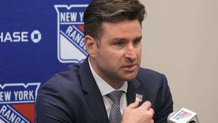 May 8, 2025; Tarrytown, NY, USA;  New York Rangers president and general manager Chris Drury speaks during a press conference to introduce new head coach Mike Sullivan at the MSG Training Center in Tarrytown, New York May 8, 2025. Mandatory Credit: Peter Carr/USA TODAY NETWORK via Imagn Images