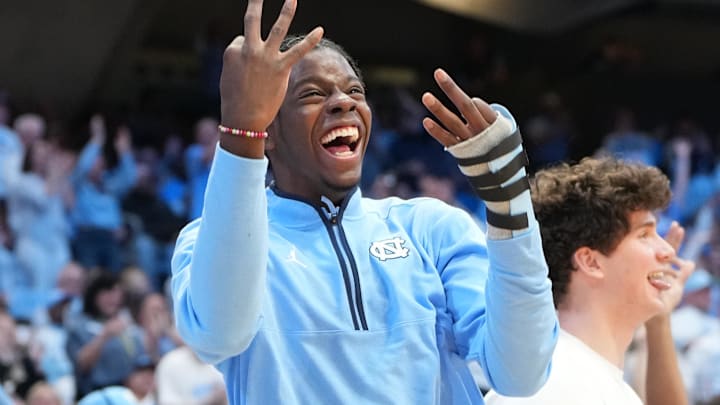 Feb 23, 2026; Chapel Hill, North Carolina, USA; North Carolina Tar Heels forward Caleb Wilson (8) reacts after a three point shot in the second half at Dean E. Smith Center. Mandatory Credit: Bob Donnan-Imagn Images