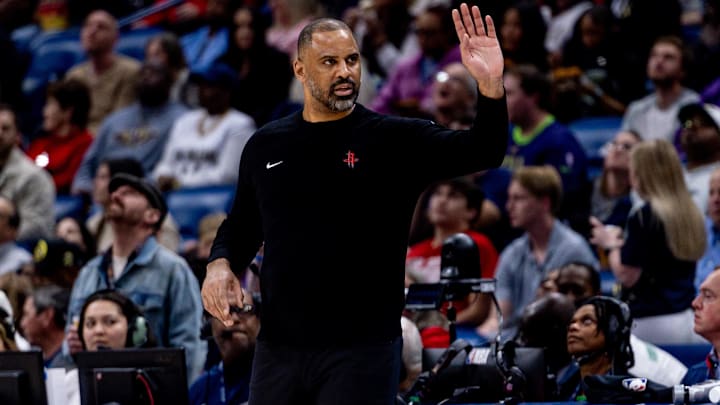 Houston Rockets head coach Ime Udoka looks on against the New Orleans Pelicans during the second half at Smoothie King Center.