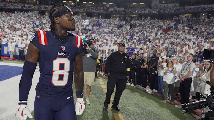 Stefon Diggs, a former Bills player, looks at the Highmark Stadium crowd, who react to his return before the Bills' home game against the New England Patriots at Highmark Stadium. Stefon Diggs, a former Bills player, looks at the Highmark Stadium crowd, who react to his return before the Bills' home game against the New England Patriots at Highmark Stadium.