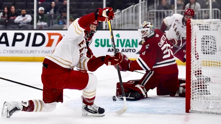 Boston College men's hockey forward James Hagens scores during the Beanpot semifinals on Feb. 2, 2026.