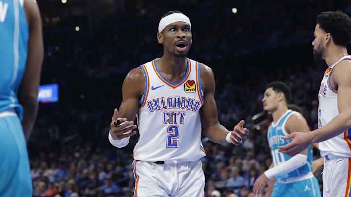 Jan 5, 2026; Oklahoma City, Oklahoma, USA; Oklahoma City Thunder guard Shai Gilgeous-Alexander (2) reacts after an official call following a play against the Charlotte Hornets during the second half at Paycom Center. Mandatory Credit: Alonzo Adams-Imagn Images