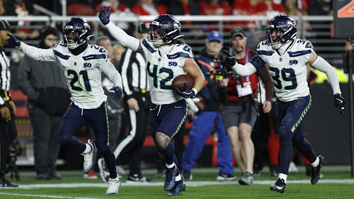 Seattle Seahawks linebacker Drake Thomas (42) reacts after an interception against the San Francisco 49ers.