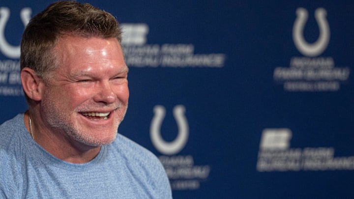 Indianapolis Colts General Manager Chris Ballard speaks to the press in a pre-draft press conference Monday, April 21, 2025 at the Colts headquarters, the Indiana Farm Bureau Football Center.