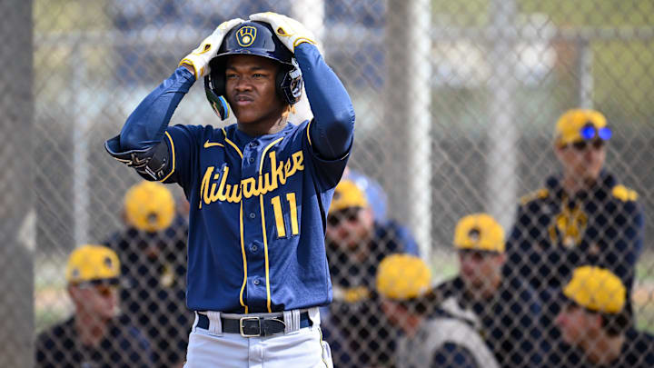 Milwaukee Brewers shortstop prospect Jesus Made prepares to hit during spring training workouts Monday, February 17, 2025, at American Family Fields of Phoenix in Phoenix, Arizona.
