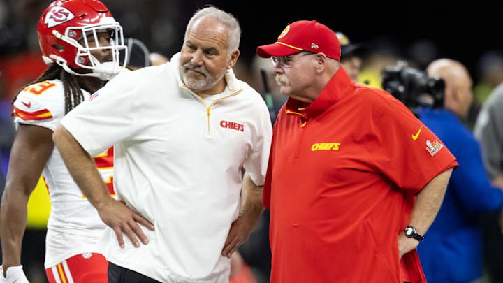 Feb 9, 2025; New Orleans, LA, USA;  Kansas City Chiefs special teams coordinator Dave Toub (left) with head coach Andy Reid against the Philadelphia Eagles in Super Bowl LIX at Ceasars Superdome. Mandatory Credit: Mark J. Rebilas-Imagn Images
