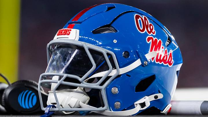 Jan 8, 2026; Glendale, AZ, USA; Detailed view of a Mississippi Rebels helmet during the 2026 Fiesta Bowl and semifinal game of the College Football Playoff at State Farm Stadium. Mandatory Credit: Mark J. Rebilas-Imagn Images