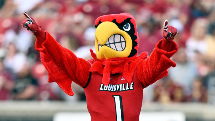 Sep 16, 2022; Louisville, Kentucky, USA; The Louisville Cardinals mascot performs before the first half against the Florida State Seminoles at Cardinal Stadium. Sep 16, 2022; Louisville, Kentucky, USA; The Louisville Cardinals mascot performs before the first half against the Florida State Seminoles at Cardinal Stadium.
