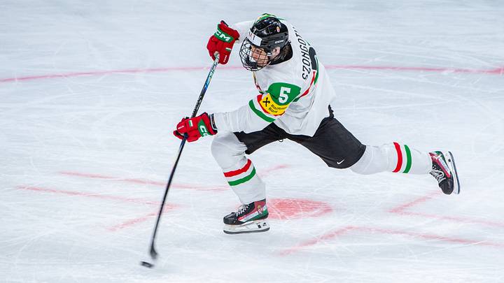 ZURICH, SWITZERLAND - MAY 25: Doman Szongoth #5 of Hungary takes a shot during the 2026 IIHF Ice Hockey World Championship Switzerland game between USA and Hungary at Swiss Life Arena on May 25, 2026 in Zurich, Switzerland. (Photo by RvS.Media/Robert Hradil/Getty Images)