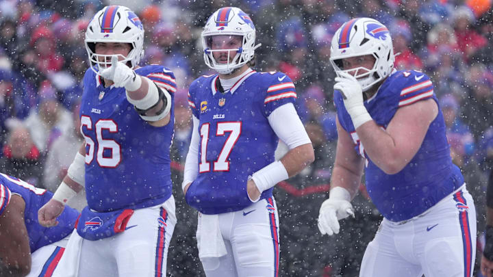 Buffalo Bills center Connor McGovern, quarterback Josh Allen and guard David Edwards get ready to line up. Buffalo Bills center Connor McGovern, quarterback Josh Allen and guard David Edwards get ready to line up.