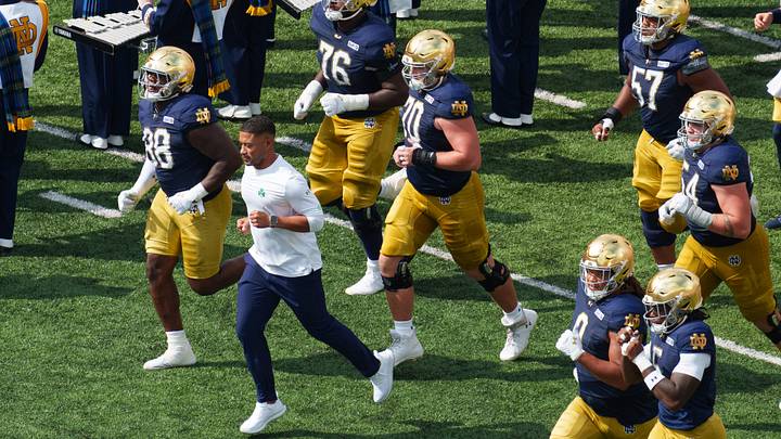 Notre Dame head coach Marcus Freeman leads his team onto the field before a NCAA football game against Rice at Notre Dame Stadium on Saturday, Sept. 12, 2026, in South Bend. Notre Dame head coach Marcus Freeman leads his team onto the field before a NCAA football game against Rice at Notre Dame Stadium on Saturday, Sept. 12, 2026, in South Bend.