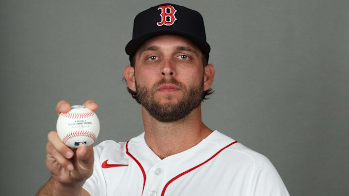 Feb 17, 2026; Lee County, FL, USA; Boston Red Sox pitcher Kutter Crawford (50)  poses for a photo during media day at JetBlue Park. Mandatory Credit: Kim Klement Neitzel-Imagn Images