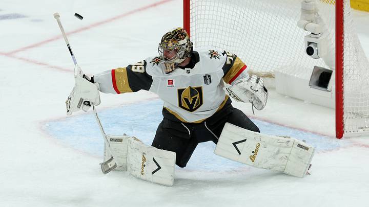 Jun 11, 2026; Raleigh, North Carolina, USA; Vegas Golden Knights goaltender Carter Hart (79) makes a save during the third period against the Carolina Hurricanes in game five of the 2026 Stanley Cup Final at Lenovo Center. Mandatory Credit: Nathan Ray Seebeck-Imagn Images Jun 11, 2026; Raleigh, North Carolina, USA; Vegas Golden Knights goaltender Carter Hart (79) makes a save during the third period against the Carolina Hurricanes in game five of the 2026 Stanley Cup Final at Lenovo Center. Mandatory Credit: Nathan Ray Seebeck-Imagn Images
