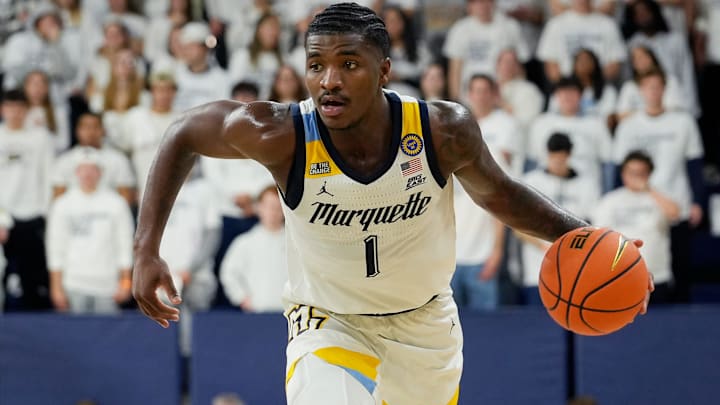 Marquette Golden Eagles guard Kam Jones (1) drives up the court during the first half of the game against George Mason on Friday, Nov. 8, 2024, at the Al McGuire Center in Milwaukee, Wisconsin.