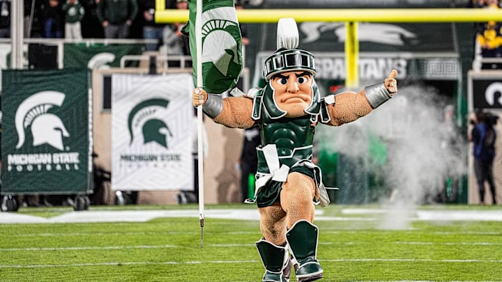 Michigan State mascot Sparty runs out of the tunnel before kickoff against Michigan at Spartan Stadium in East Lansing on Saturday, October 25, 2025.