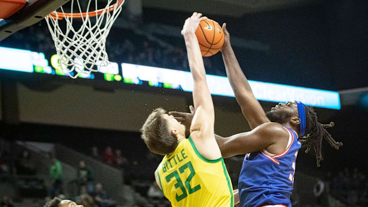 Oregon center Nate Bittle blocks a shot by Tennessee State forward Jason Jitoboh.