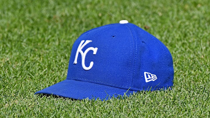 Jul 7, 2018; Kansas City, MO, USA; A genera view of a Kansas City Royals cap on the field, prior to a game against the Boston Red Sox at Kauffman Stadium. Mandatory Credit: Peter G. Aiken/Imagn Images