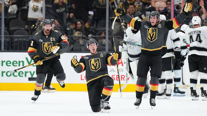 Vegas Golden Knights' Mitch Marner (93) celebrates his game-winning goal against the Los Angeles Kings in overtime at T-Mobile Arena.  Mandatory Credit: Candice Ward-Imagn Images
