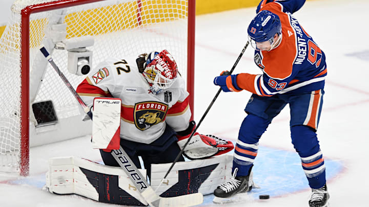 Edmonton Oilers center Ryan Nugent-Hopkins shoots the puck against Florida Panthers goaltender Sergei Bobrovsky