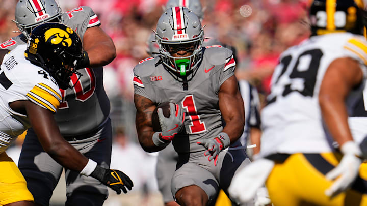 Oct 5, 2024; Columbus, OH, USA; Ohio State Buckeyes running back Quinshon Judkins (1) runs up the middle during the first half of the NCAA football game against the Iowa Hawkeyes at Ohio Stadium. Oct 5, 2024; Columbus, OH, USA; Ohio State Buckeyes running back Quinshon Judkins (1) runs up the middle during the first half of the NCAA football game against the Iowa Hawkeyes at Ohio Stadium.
