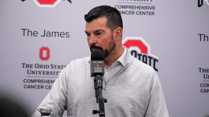 Ohio State Buckeyes head coach Ryan Day speaks to the media at the Woody Hayes Athletic Center on Tuesday, Nov. 26, 2024 in Columbus, Ohio.