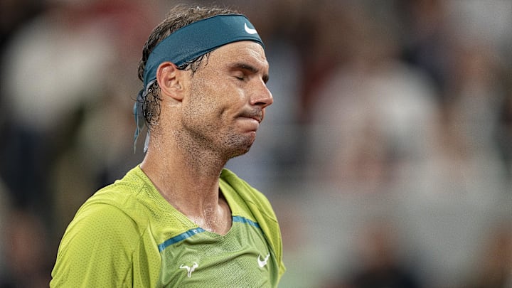 June 3, 2022; Paris, France; Rafael Nadal (ESP) reacts to a point during his semifinal match against Alexander Zverev (GER) on day 13 of the French Open at Stade Roland-Garros. Mandatory Credit: Susan Mullane-Imagn Images