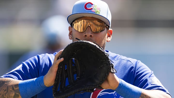 Mar 13, 2026; Phoenix, Arizona, USA; Chicago Cubs first baseman Moises Ballesteros against the Chicago White Sox during a spring training game at Camelback Ranch-Glendale. Mandatory Credit: Mark J. Rebilas-Imagn Images