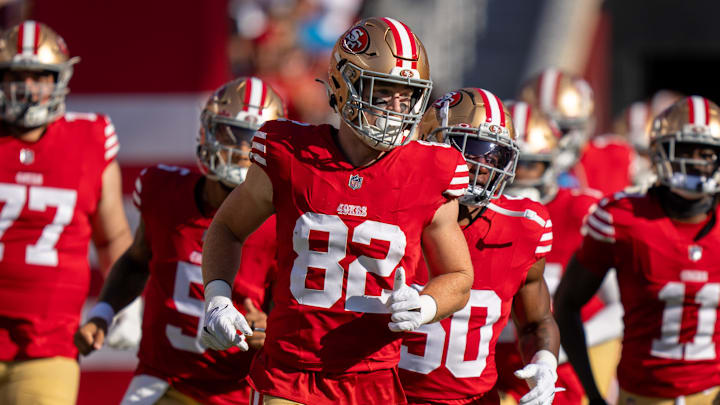 August 19, 2023; Santa Clara, California, USA; San Francisco 49ers tight end Ross Dwelley (82) before the game against the Denver Broncos at Levi's Stadium.
