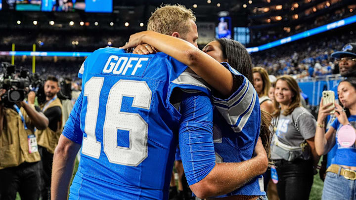 Detroit Lions quarterback Jared Goff hugs his wife Christen Harper during warmups before the Los Angeles Rams game. Detroit Lions quarterback Jared Goff hugs his wife Christen Harper during warmups before the Los Angeles Rams game.