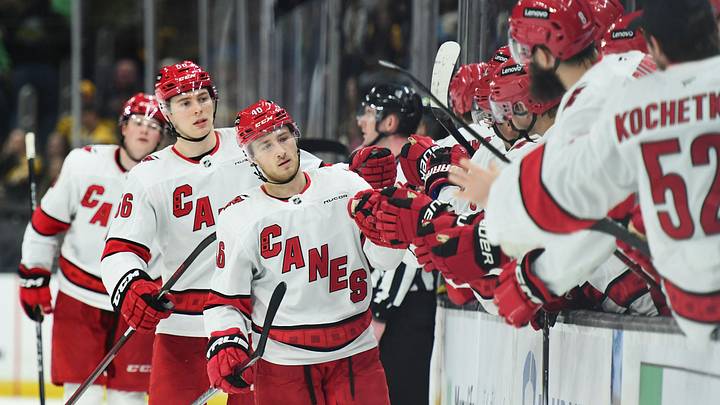 Apr 5, 2025; Boston, Massachusetts, USA; Carolina Hurricanes center Justin Robidas (46) celebrates his goal with teammates during the third period against the Boston Bruins at TD Garden. Mandatory Credit: Bob DeChiara-Imagn Images Apr 5, 2025; Boston, Massachusetts, USA; Carolina Hurricanes center Justin Robidas (46) celebrates his goal with teammates during the third period against the Boston Bruins at TD Garden. Mandatory Credit: Bob DeChiara-Imagn Images